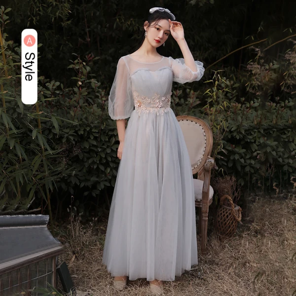 Chic / Beautiful Grey Bridesmaid Dresses 2021 A-Line / Princess Scoop Neck  Lace Flower 1/2 Sleeves Backless Floor-Length / Long Bridesmaid Wedding  Party Dresses