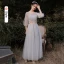 Chic / Beautiful Grey Bridesmaid Dresses 2021 A-Line / Princess Scoop Neck Lace Flower 1/2 Sleeves Backless Floor-Length / Long Bridesmaid Wedding Party Dresses