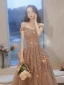 Sparkly Champagne Beading Sequins Prom Dresses 2021 A-Line / Princess Off-The-Shoulder Short Sleeve Backless Floor-Length / Long Formal Dresses