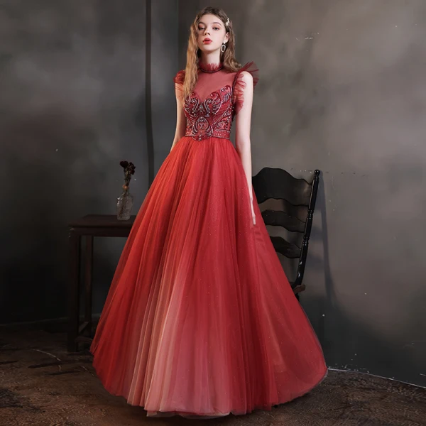High-end Burgundy Prom Dresses 2021 A-Line / Princess High Neck Handmade Beading Crystal Rhinestone Sleeveless Floor-Length / Long Prom Formal Dresses