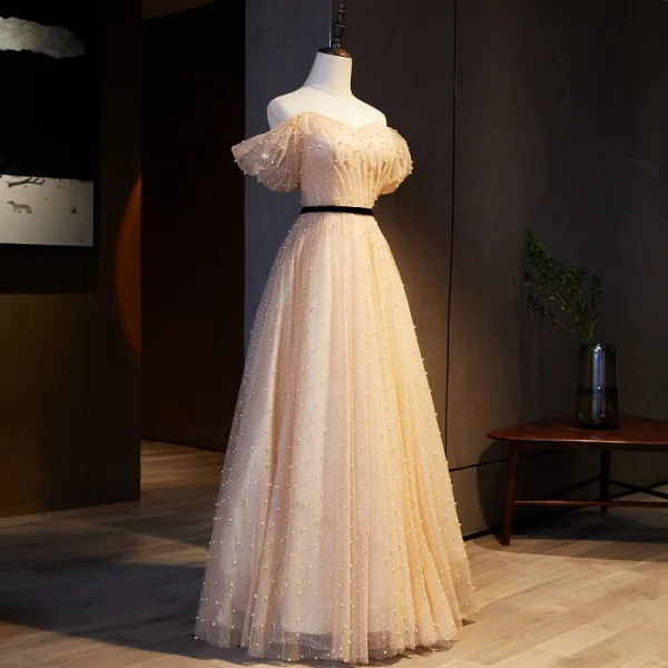 Chic / Beautiful Champagne Prom Dresses 2021 A-Line / Princess Off-The-Shoulder Sash Sequins Pearl Short Sleeve Backless Floor-Length / Long Prom Formal Dresses