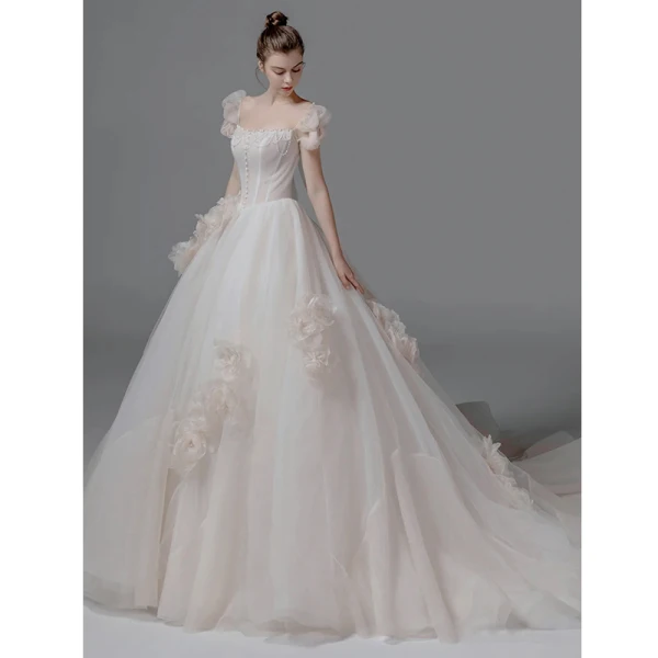 Moderne / Mode Ivoire Perle Robe De Mariée 2021 Robe Boule Encolure Carrée Gonflée Manches Courtes Dos Nu Noeud Royal Train Mariage