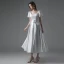 Schlicht Ivory / Creme Satin Brautkleider / Hochzeitskleider 2021 A Linie Eckiger Ausschnitt Kurze Ärmel Schleife Rückenfreies Wadenlang Hochzeit
