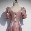 Elegant Dusky Pink Satin Prom Dresses 2021 A-Line / Princess Square Neckline Pearl Sash Short Sleeve Backless Floor-Length / Long Prom Formal Dresses
