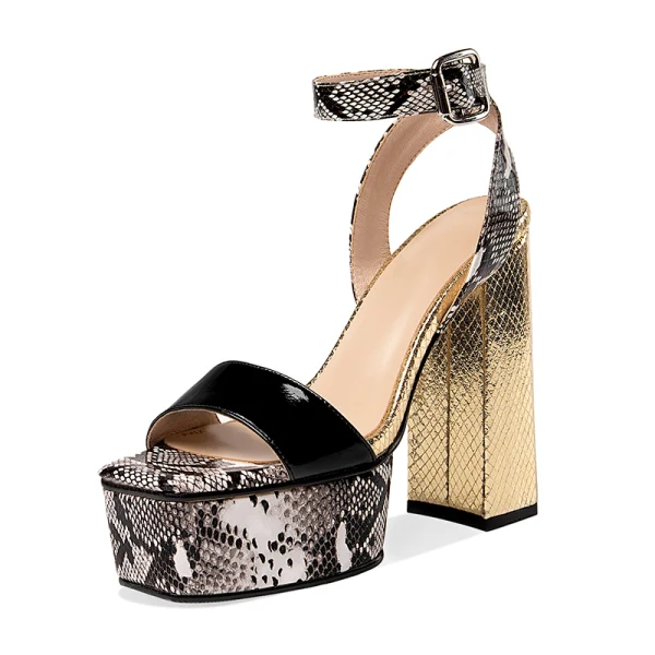 Sexy Blanche Cuir Motif Peau De Serpent Club de carnaval Sandales Femme 2021 Bride Cheville 13 cm Talons Épais Peep Toes / Bout Ouvert Sandales Talons Hauts