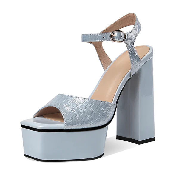 Chic / Beautiful Grey Street Wear Womens Sandals 2021 Leather 13 cm Thick Heels Ankle Strap Open / Peep Toe Sandals High Heels