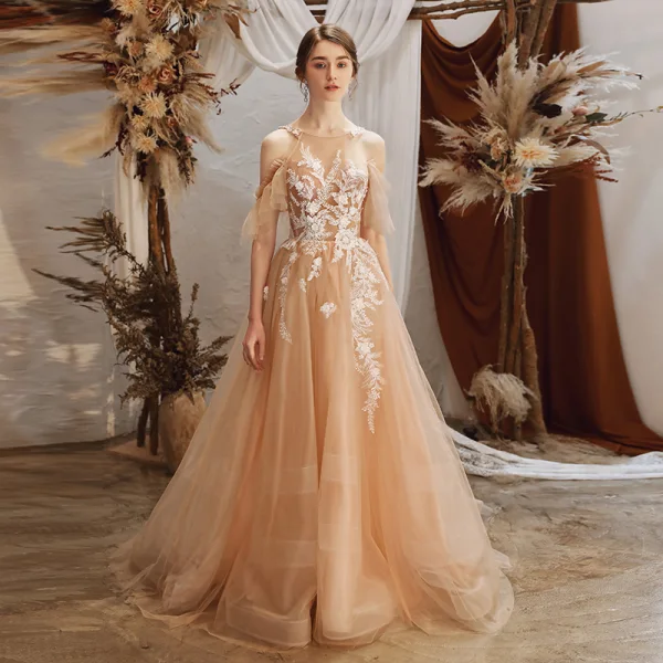 Modern / Fashion Grey Prom Dresses 2021 A-Line / Princess Halter Beading Lace Flower Short Sleeve Backless Sweep Train Prom Formal Dresses
