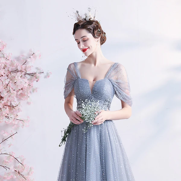 Chic / Belle Gris Robe De Bal 2021 Princesse Encolure Carrée Manches Courtes Dos Nu Perlage Perle En Dentelle Fleur Longue Promo Robe De Ceremonie