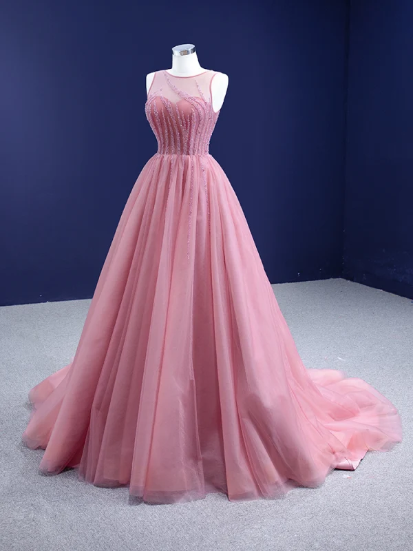High-end Blushing Pink Beading Prom Dresses 2021 A-Line / Princess Scoop Neck Sleeveless Backless Court Train Prom Formal Dresses