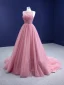 High-end Blushing Pink Beading Prom Dresses 2021 A-Line / Princess Scoop Neck Sleeveless Backless Court Train Prom Formal Dresses