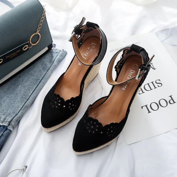 Chic / Beautiful Beige Casual Pierced Flower Womens Shoes 2021 Ankle Strap 10 cm Wedges Pointed Toe Sandals High Heels