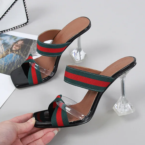 Chic / Beautiful Silver Striped Street Wear Womens Sandals 2021 9 cm Stiletto Heels Open / Peep Toe Sandals High Heels