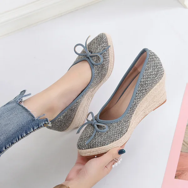 Chic / Beautiful Ocean Blue Street Wear Braid Bow Womens Shoes 2021 7 cm Wedges Platform Pointed Toe Sandals