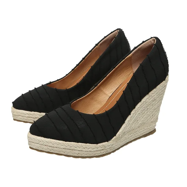 Schöne Schwarz Strassenmode Flechten Sandalen Damen 2021 10 cm Keilabsatz Plateau Spitzschuh Sandaletten