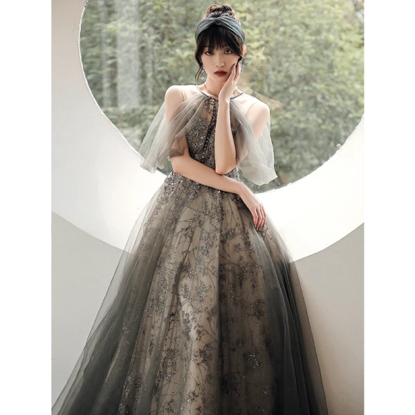 Charmant Gris Perlage Perle Paillettes Robe De Bal 2021 Princesse Titulaire Manches Courtes Dos Nu Longue Promo Robe De Ceremonie