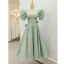 Chic / Beautiful Sage Green Homecoming Satin Graduation Dresses 2021 A-Line / Princess V-Neck Short Sleeve Backless Bow Tea-length Formal Dresses