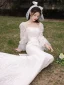 Charmant Ivory / Creme Spitze Blumen Brautkleider / Hochzeitskleider 2021 Meerjungfrau Eckiger Ausschnitt Schleife Glockenhülsen Rückenfreies Sweep / Pinsel Zug Hochzeit
