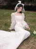 Charming Ivory Lace Flower Wedding Dresses 2021 Trumpet / Mermaid Square Neckline Bow Bell sleeves Backless Sweep Train Wedding