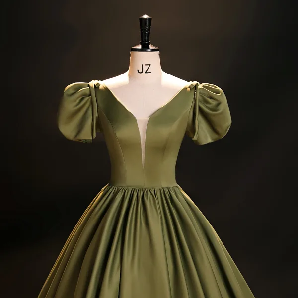 Vintage / Retro Modest / Simple Clover Green Satin Prom Dresses 2023 Ball Gown V-Neck Puffy Short Sleeve Backless Floor-Length / Long Prom Formal Dresses