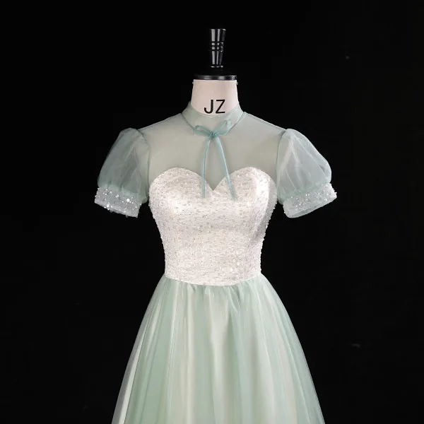 Chic / Beautiful Sage Green Sequins Prom Dresses 2023 A-Line / Princess High Neck Short Sleeve Backless Floor-Length / Long Prom Formal Dresses