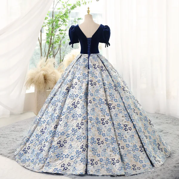 Elegant Navy Blue Printing Prom Dresses 2023 Ball Gown Square Neckline Short Sleeve Backless Floor-Length / Long Prom Formal Dresses