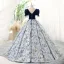 Elegant Navy Blue Printing Prom Dresses 2023 Ball Gown Square Neckline Short Sleeve Backless Floor-Length / Long Prom Formal Dresses