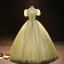 Elegant Sage Green Beading Pearl Sequins Prom Dresses 2023 Ball Gown High Neck Short Sleeve Backless Floor-Length / Long Formal Dresses