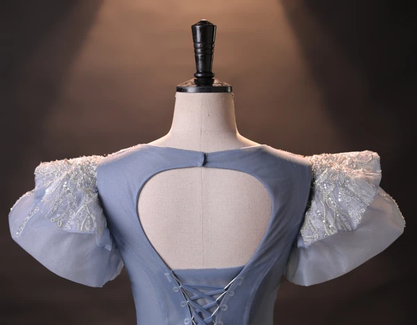Vintage / Retro Quinceañera Prom Dresses 2024 Sky Blue Crossed Straps Beading Pearl Tulle Cap Sleeves Ball Gown Formal Dresses