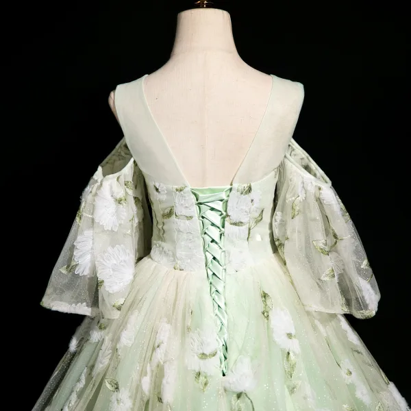 Elegant Sage Green Lace Flower Appliques Prom Dresses 2025 Ball Gown Scoop Neck Short Sleeve Backless Floor-Length / Long Prom Formal Dresses