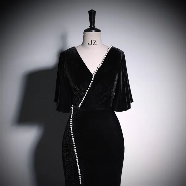 Sexy Black Solid Color Rhinestone Velvet Evening Dresses 2023 Trumpet / Mermaid V-Neck Short Sleeve Backless Floor-Length / Long Evening Party Formal Dresses