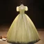 Elegant Sage Green Beading Pearl Sequins Prom Dresses 2023 Ball Gown High Neck Puffy Short Sleeve Backless Floor-Length / Long Prom Formal Dresses