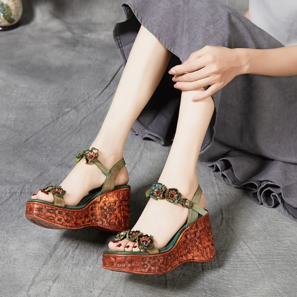 Vintage / Retro Clover Green Street Wear Womens Sandals 2020 Leather Flower 7 cm Wedges Open / Peep Toe Sandals
