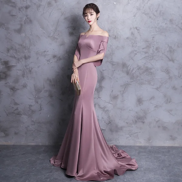 Chic / Belle Robe De Soirée 2018 Trompette / Sirène De l'épaule Dos Nu 1/2 Manches Train De Balayage Robe De Ceremonie