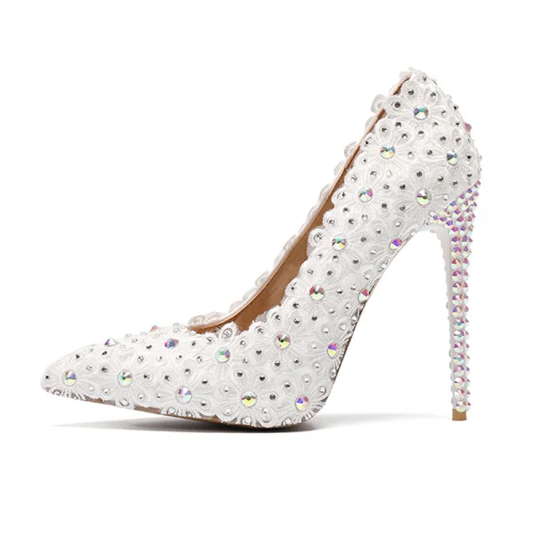 Chic / Beautiful Ivory Wedding Shoes 2019 Rhinestone Lace Flower 11 cm Stiletto Heels Pointed Toe Wedding Pumps