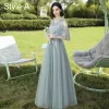 Proste / Simple Szałwia Zielony Haftowane Sukienki Dla Druhen 2021 Princessa V-Szyja Kótkie Rękawy Bez Pleców Długie Sukienki Na Wesele