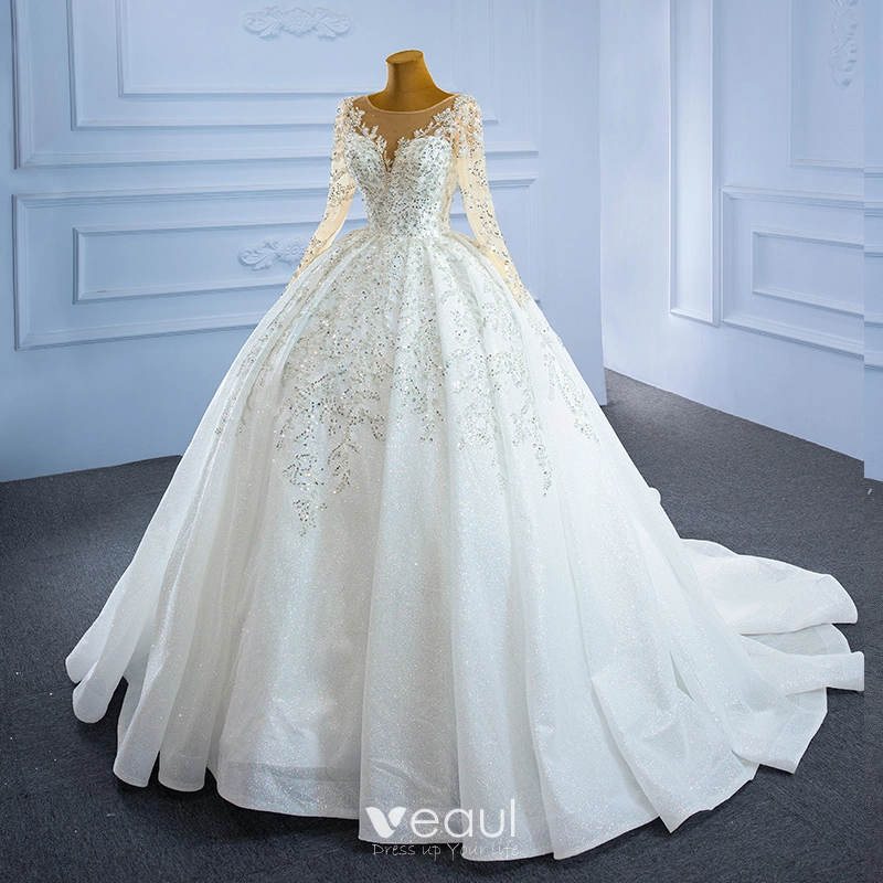 Luxury / Gorgeous Ivory Beading Crystal Wedding Dresses 2021 Ball Gown  Glitter Sequins Scoop Neck Long Sleeve Cathedral Train Wedding