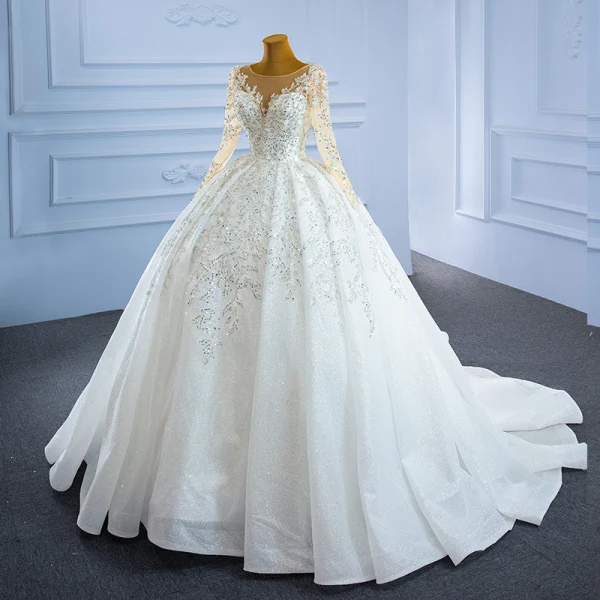Luxury / Gorgeous Ivory Beading Crystal Wedding Dresses 2021 Ball Gown Glitter Sequins Scoop Neck Long Sleeve Cathedral Train Wedding