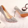 Sparkly Silver Wedding Shoes 2018 Leather Sequins 7 cm Stiletto Heels Pointed Toe Wedding High Heels