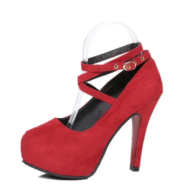 Erschwinglich Schwarz Abend Pumps 2019 Wildleder Knöchelriemen X-Riemen 11 cm Stilettos Runde Zeh Pumps