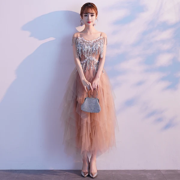 Modern / Fashion Champagne Evening Dresses 2019 A-Line / Princess Spaghetti Straps Lace Flower Sequins Tassel Sleeveless Ankle Length Formal Dresses