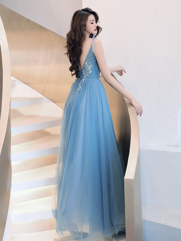 Chic / Beautiful Sky Blue Evening Dresses 2019 A-Line / Princess Sleeveless Beading Lace Flower Appliques Spaghetti Straps Backless Floor-Length / Long Formal Dresses
