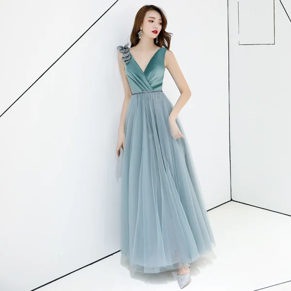 Chic / Beautiful Jade Green Evening Dresses 2019 A-Line / Princess Suede V-Neck Lace Flower Sleeveless Backless Floor-Length / Long Formal Dresses