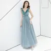 Chic / Beautiful Jade Green Evening Dresses  2019 A-Line / Princess Suede V-Neck Lace Flower Sleeveless Backless Floor-Length / Long Formal Dresses