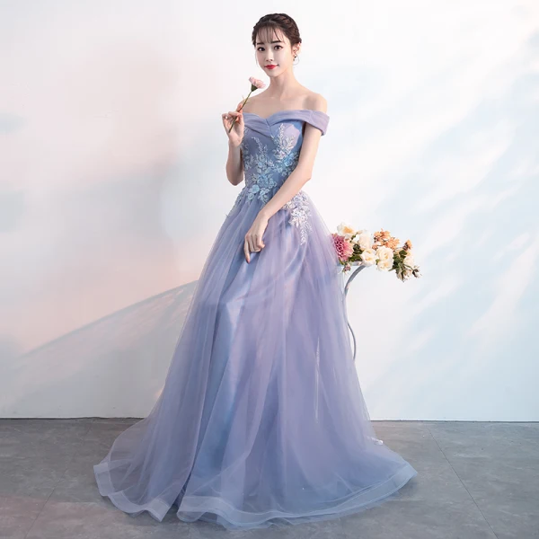 Charmant Lavande Robe De Soirée 2019 Princesse De l'épaule Perlage Perle En Dentelle Fleur Manches Courtes Dos Nu Longue Robe De Ceremonie
