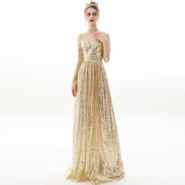 Sparkly Champagne Evening Dresses 2019 A-Line / Princess V-Neck Sequins 3/4 Sleeve Backless Floor-Length / Long Formal Dresses