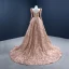 Haut de Gamme Scintillantes Doré Paillettes Robe De Soirée 2021 Princesse Encolure Carrée Manches Longues Dos Nu Chapel Train Robe De Ceremonie