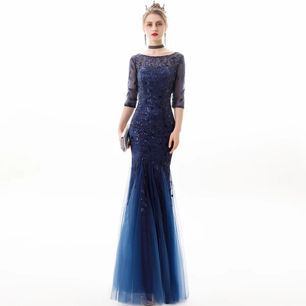 Chic / Belle Bleu Marine Robe De Soirée 2019 Trompette / Sirène Encolure Dégagée Paillettes En Dentelle Fleur 3/4 Manches Dos Nu Longue Robe De Ceremonie