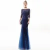 Chic / Beautiful Navy Blue Evening Dresses  2019 Trumpet / Mermaid Scoop Neck Sequins Lace Flower 3/4 Sleeve Backless Floor-Length / Long Formal Dresses