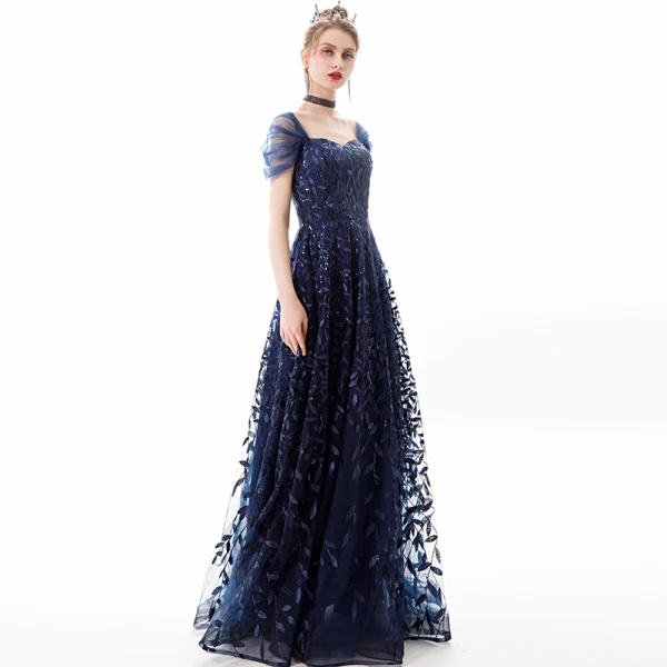 Elegancka Granatowe Sukienki Wieczorowe 2019 Princessa Kwadratowy Dekolt Cekiny Z Koronki Kwiat Kótkie Rękawy Bez Pleców Długie Sukienki Wizytowe