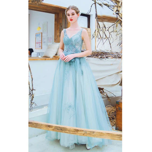 Chic / Beautiful Sky Blue Evening Dresses  2019 A-Line / Princess V-Neck Beading Pearl Sequins Lace Flower Sleeveless Backless Floor-Length / Long Formal Dresses